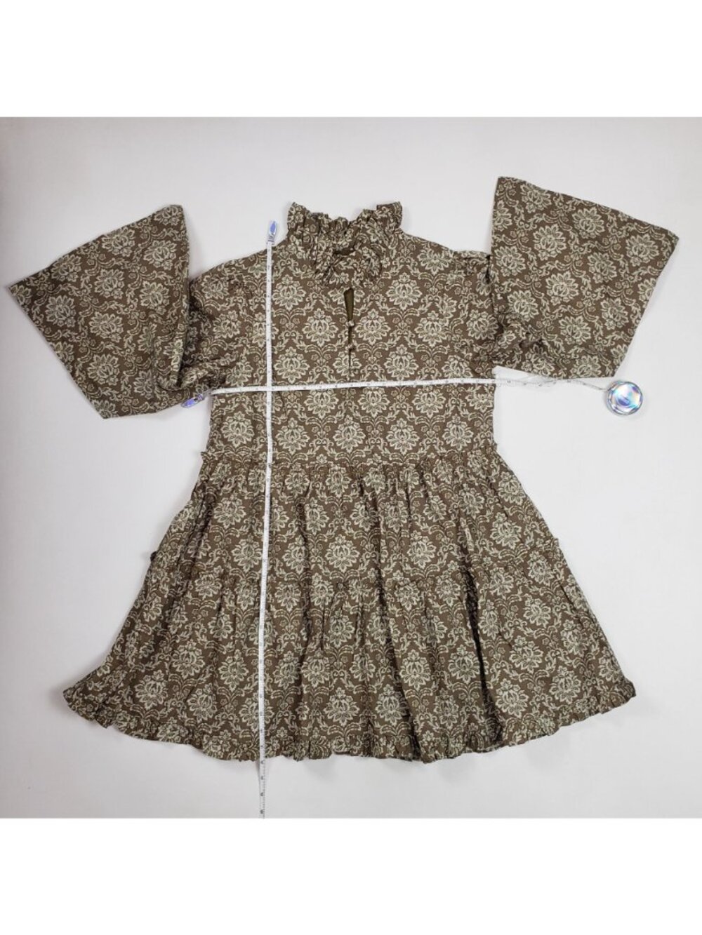 Hyacinth House Russell Mini Dress Olive Women’s Small Bell Sleeve Tiered NWT - Picture 6 of 16